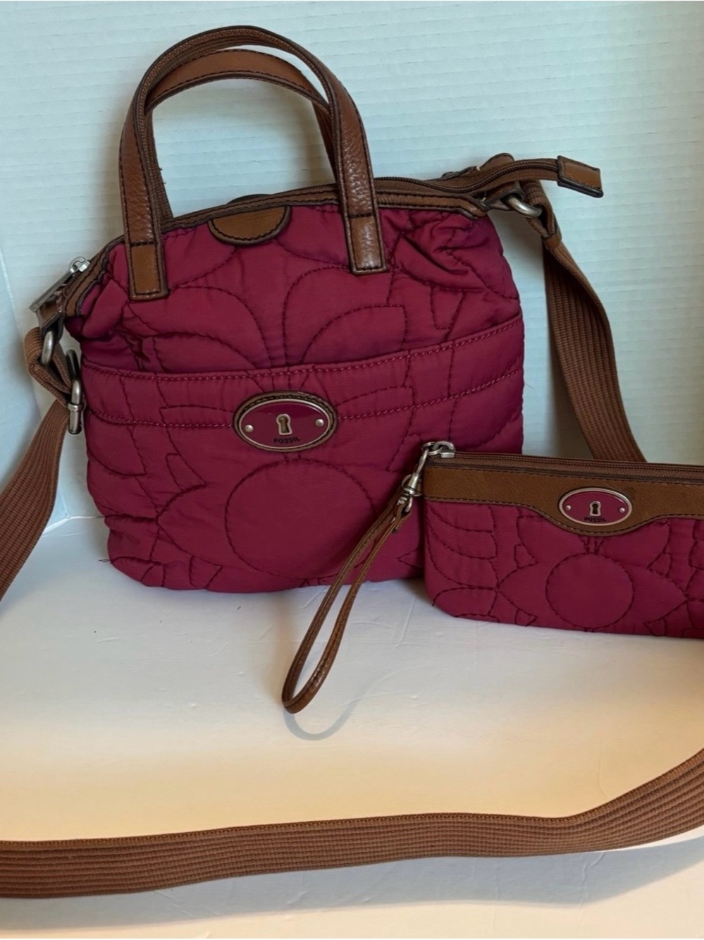 Fossil Quilted Wine Red Crossbody with Brown Trim and Wristlet